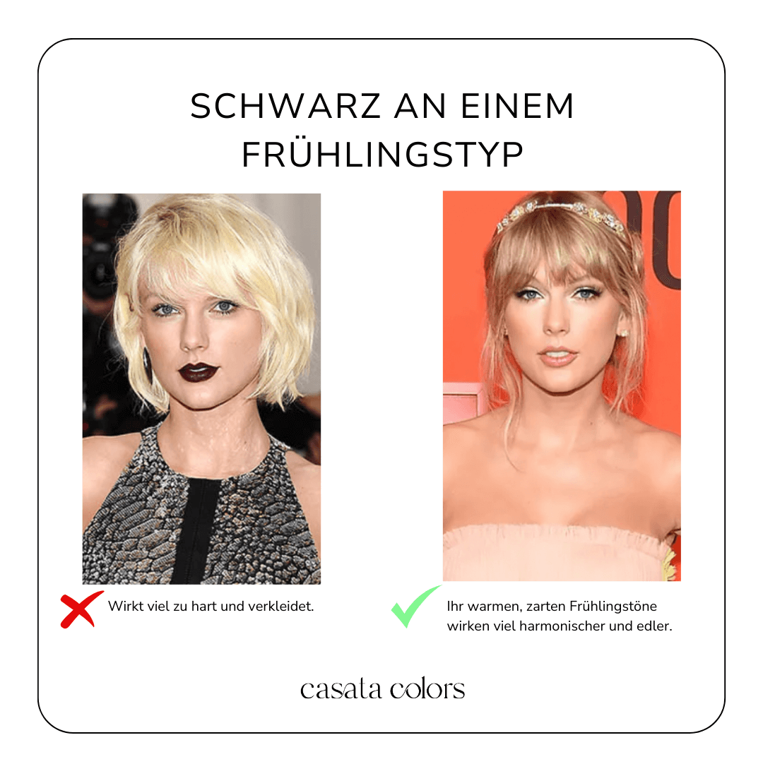 Schwarz an einem Frühlingstyp – Vergleich: hart und verkleidet vs. harmonische Frühlingstöne